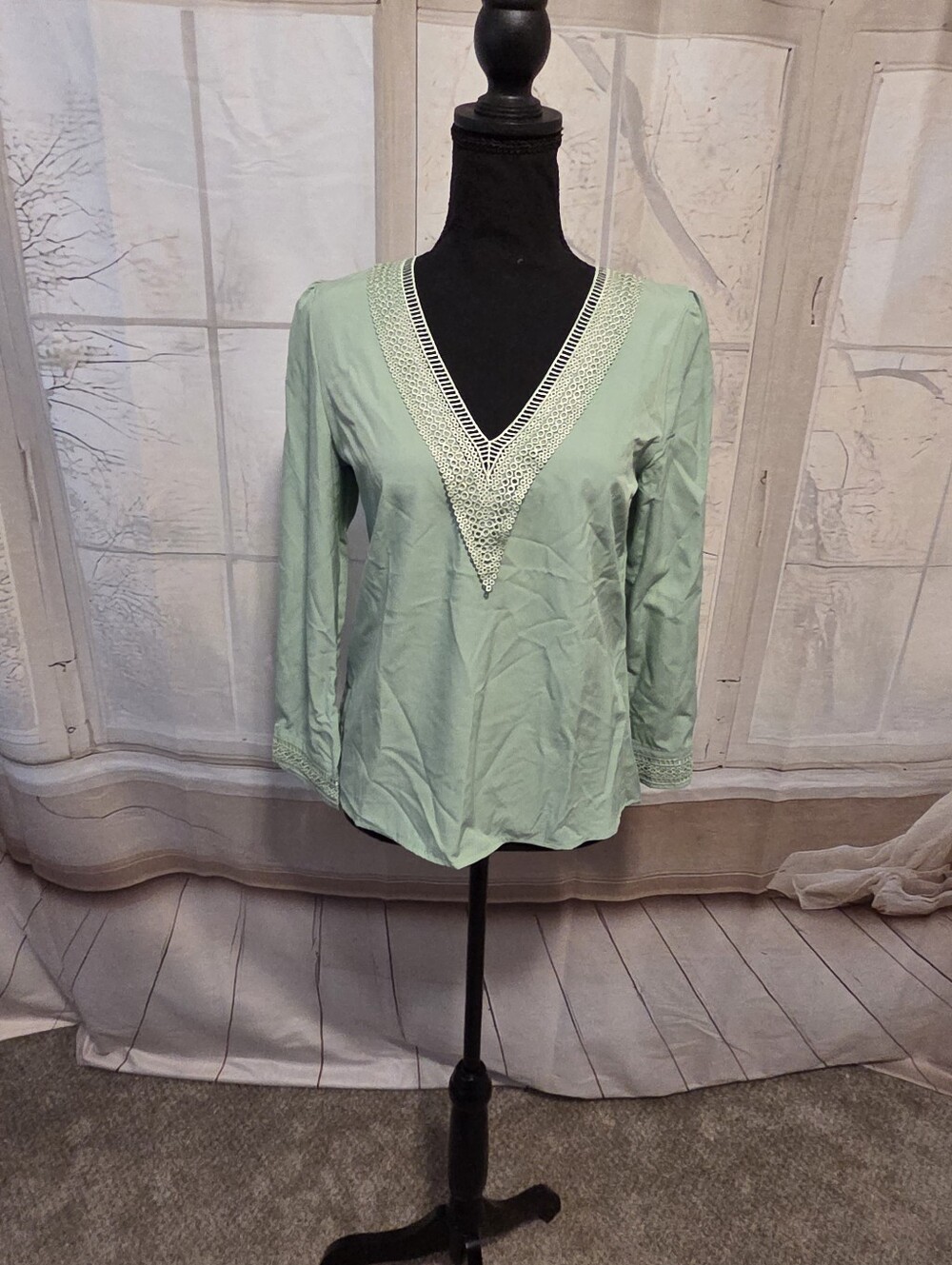 Kohl's Mint Green V-Neck Crochet-Trim Blouse